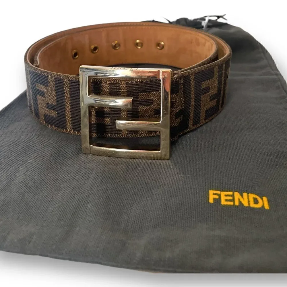 FENDI Classic Monogram Zucca Print Belt with FF Motif Gold 